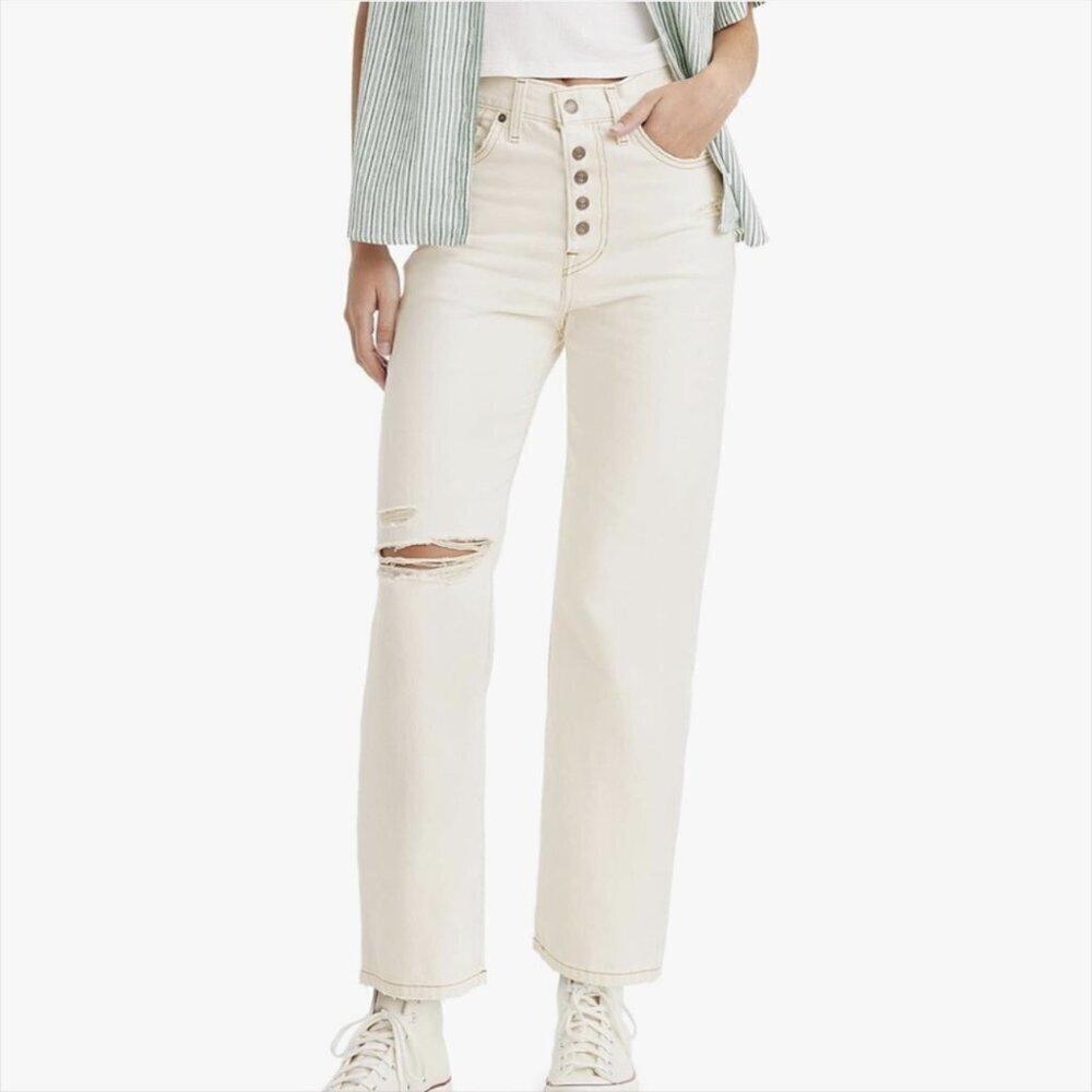 Levi's Ribcage Straight Ankle Women's Jeans Destructed Off White Size 30 NWT
